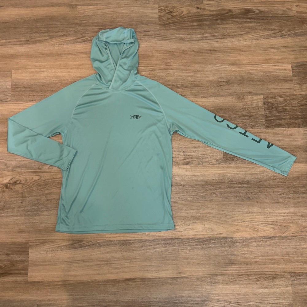 AFTCO Samurai Sun Protection Hoodie Mens Small Teal Blue Fishing Shirt AFTECH